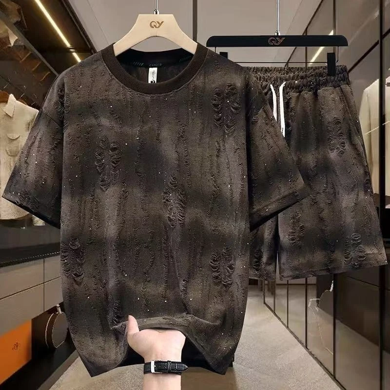 夏季扎染破洞废土风短袖套装男休闲宽松大码t恤短裤一套搭配帅气