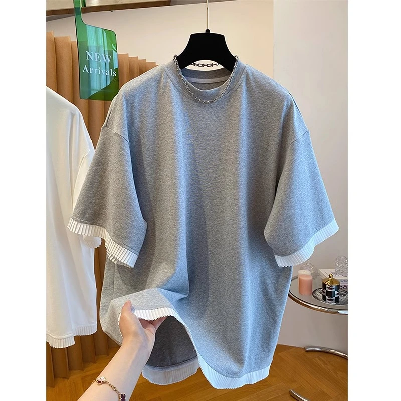胖妹妹240斤大码超好看木耳边下摆短袖上衣女装夏季宽松百搭T恤衫