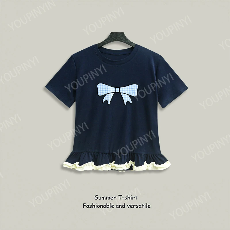 短袖T恤女2025夏季新款蝴蝶结珠片绣拼接荷叶边设计感时尚上衣女