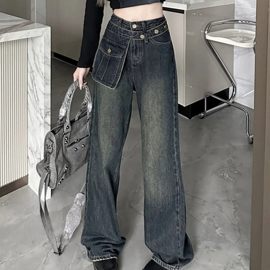 春季复古水洗高腰牛仔裤女设计感口袋阔腿宽松百搭直筒长裤81006