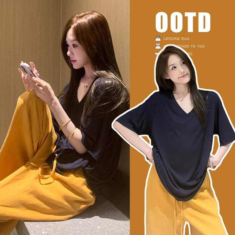 孕妇慵懒风松弛感夏装洋气孕妈小众设计V领上衣可调节阔腿裤套装