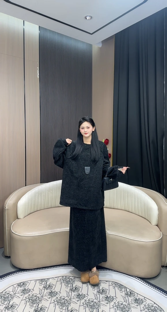 【允儿严选】时尚休闲宽松气质加绒银丝上衣+裙子套装