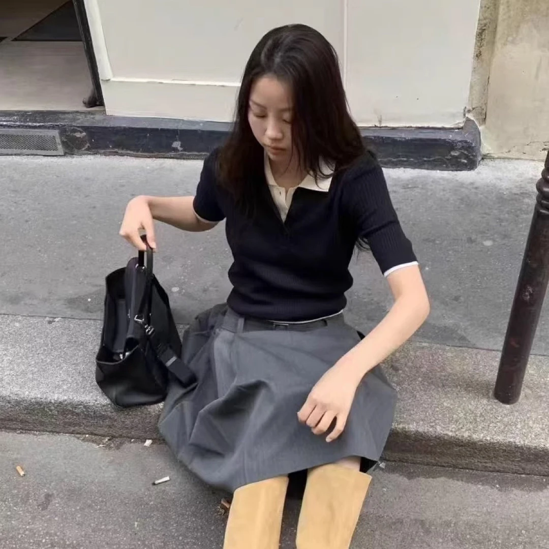 现~韩国东大门代购mohhe女秋季洋气POLO领坑条修身短袖针织衫