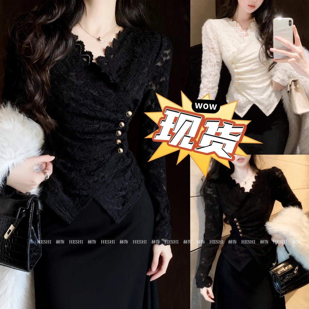 现货【HESHI】胖MM秋季大码微胖显瘦遮肉气质设计感蕾丝上衣10020D