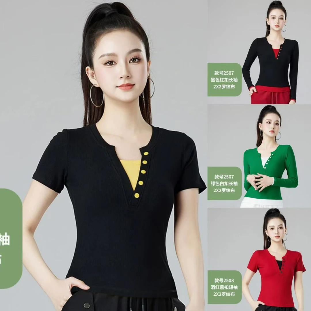 春夏季新款广场舞运动服短 长袖撞色V领拼接假两件舞蹈服扣子上衣