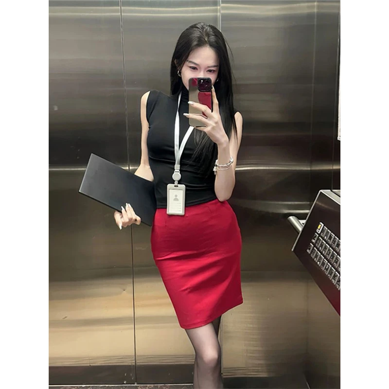 哥弟阿玛施正品胖辣妹修身黑色无袖上衣女纯欲风包臀半身裙套装