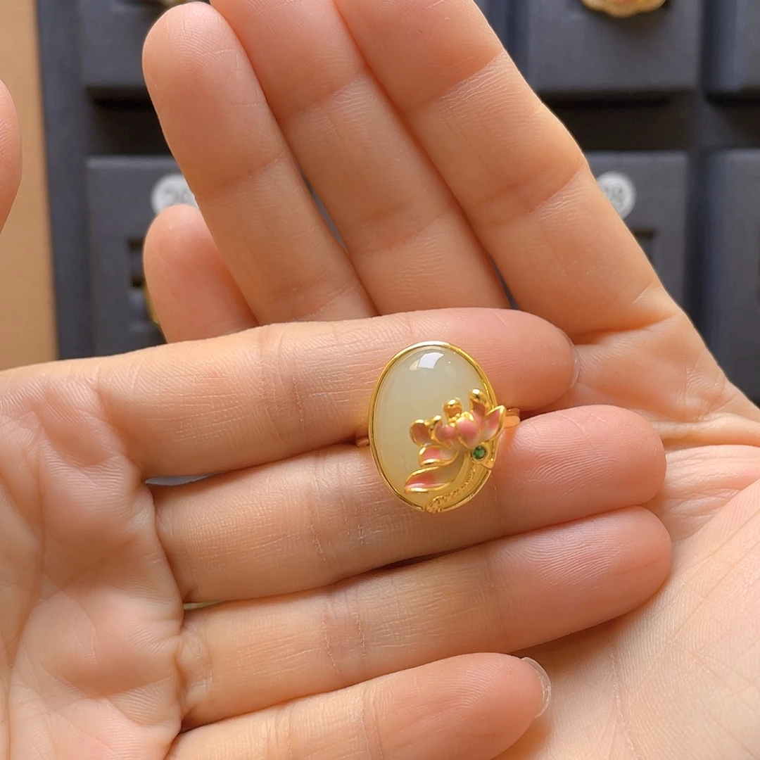 和田玉银S925镀金镶嵌戒指