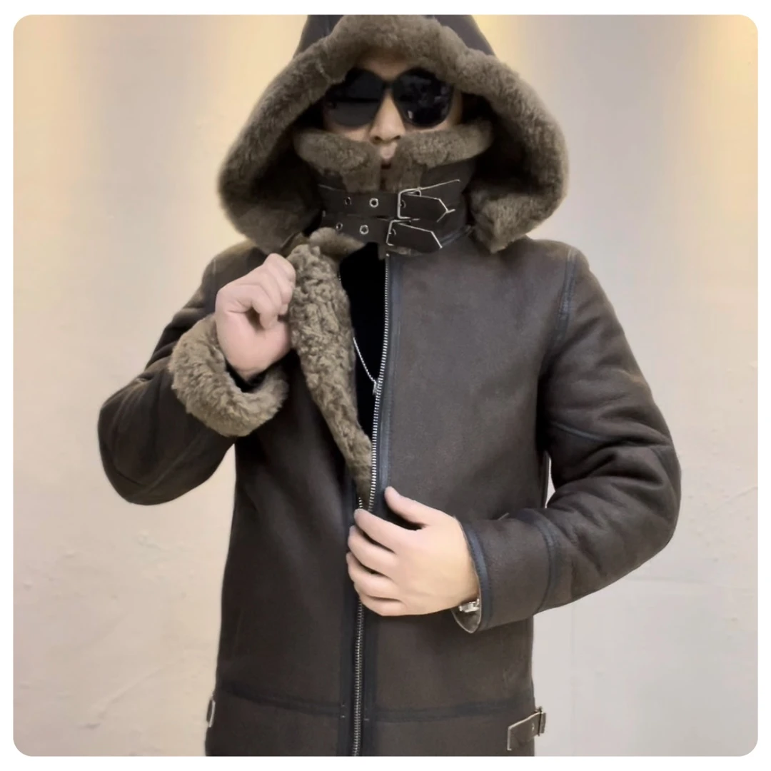 B-3咖啡色连帽可拆卸男款冬季保暖羊皮毛一体251220