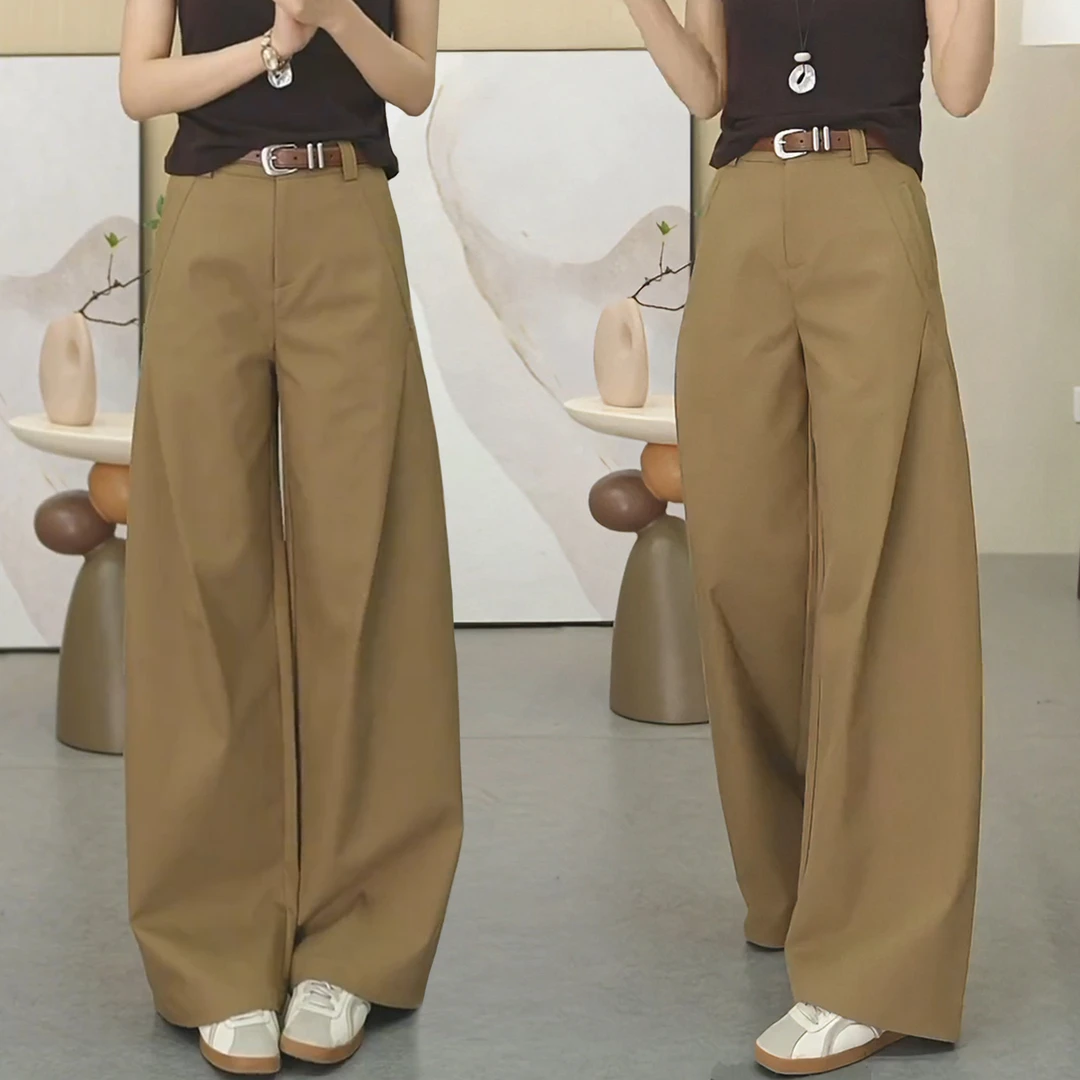 卡其色阔腿裤女春秋季2025新款压褶风笛裤高腰休闲慵懒风弯刀裤子
