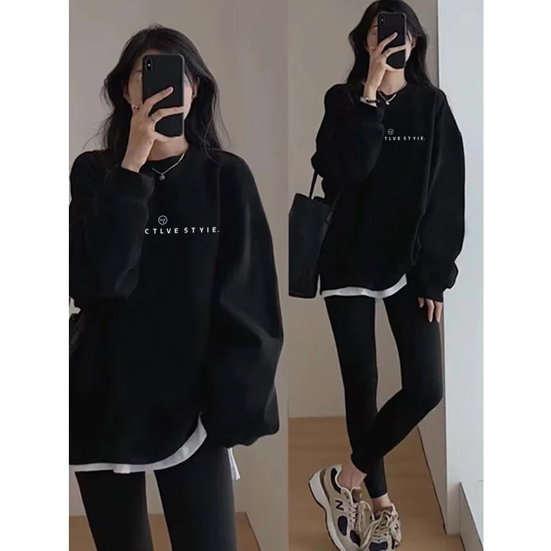 假两件圆领卫衣女2025秋冬新款宽松中长款遮屁股加绒加厚拼接上衣