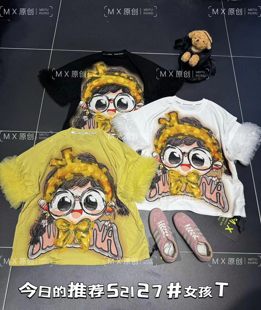 MX重工夏季潮流短袖亮片卡通印花宽松圆领女孩国潮休闲52127