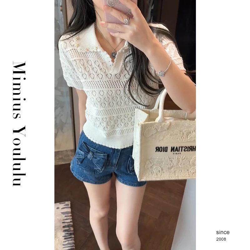【mimius】L 法式高级感镂空钩花短袖针织短袖上衣 WG04004