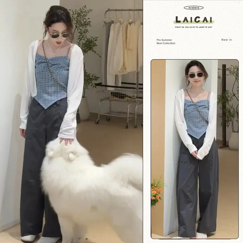 2025夏季法式格纹吊带上衣叠穿防晒小衫高腰显瘦休闲裤子时尚套装