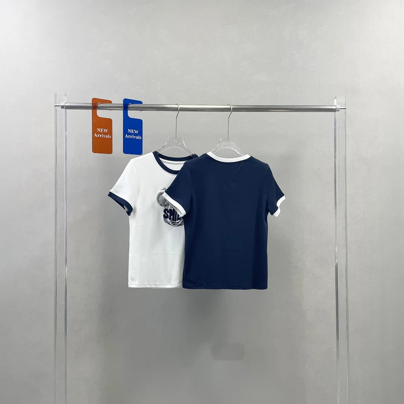 绣罗衣尚字母图案刺绣拼色短袖t恤女春夏新款洋气百搭上衣潮13762