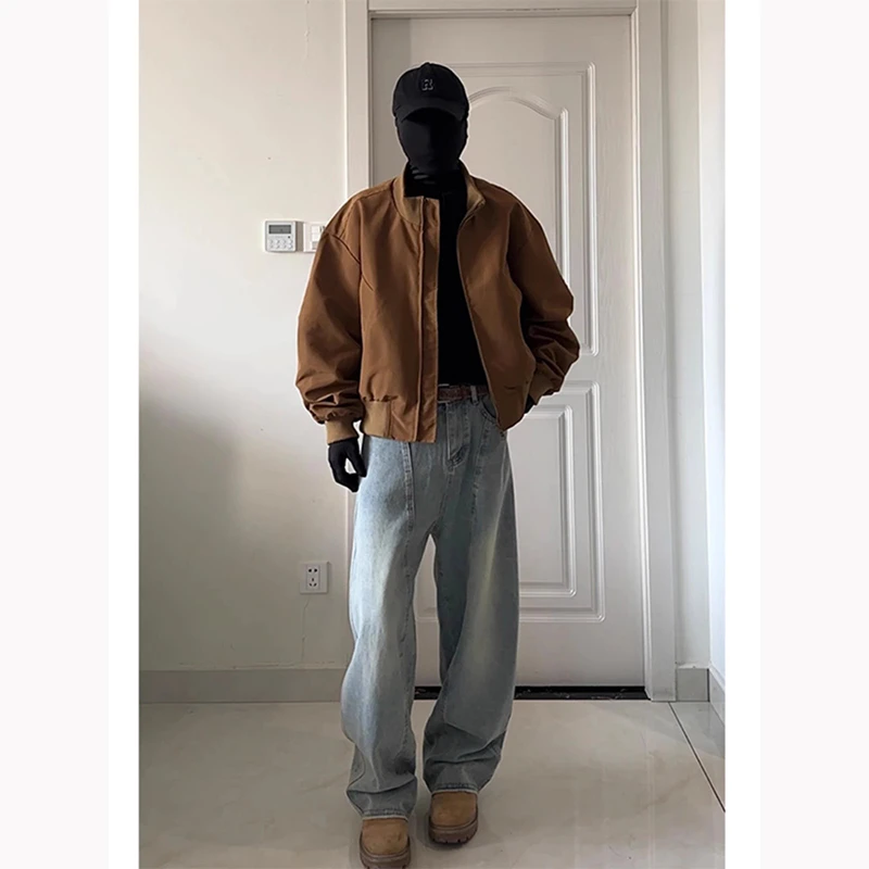 美式棕色廓形飞行夹克男春季潮流cleanfit短款立领外套痞帅高级感