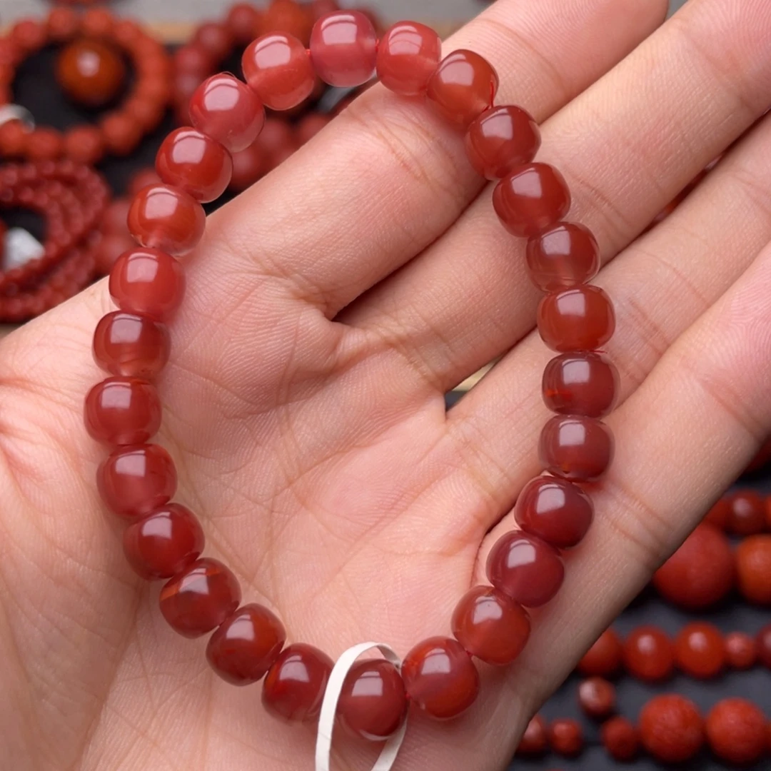南红玛瑙未镶嵌手串H8mm搭配牛血红老型手串