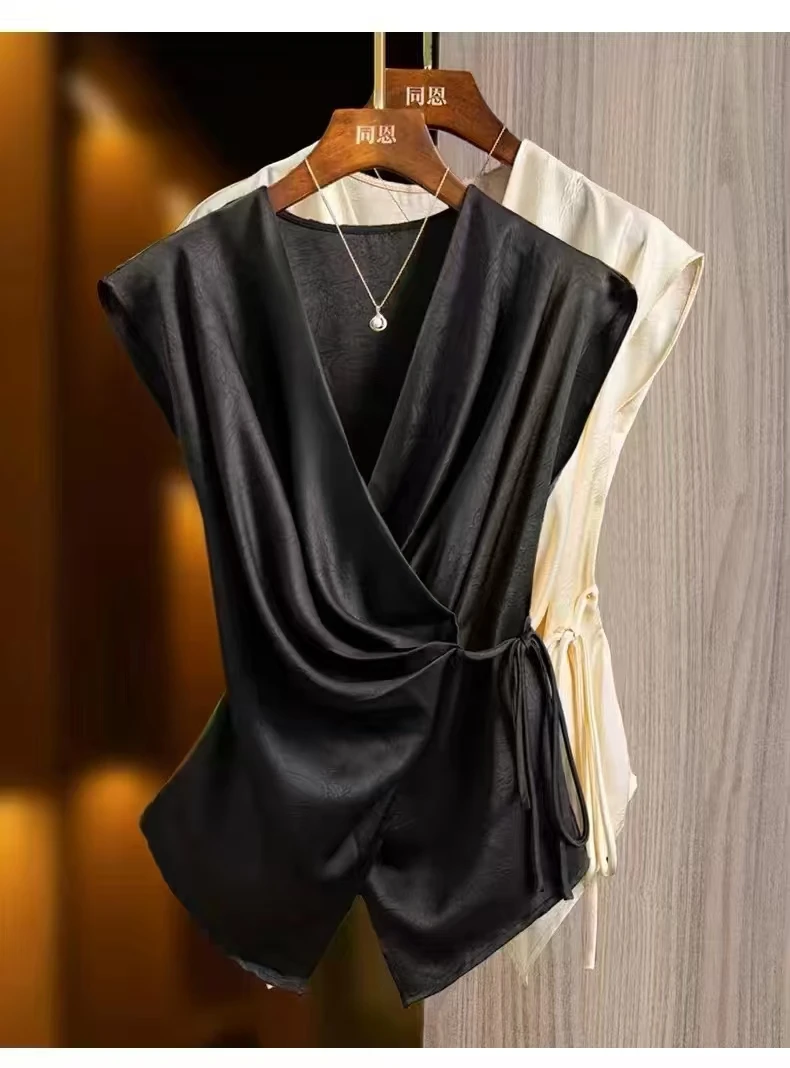 夏季上新时尚系带设计收腰显瘦2025衬衫女V领气质小众不规则上衣