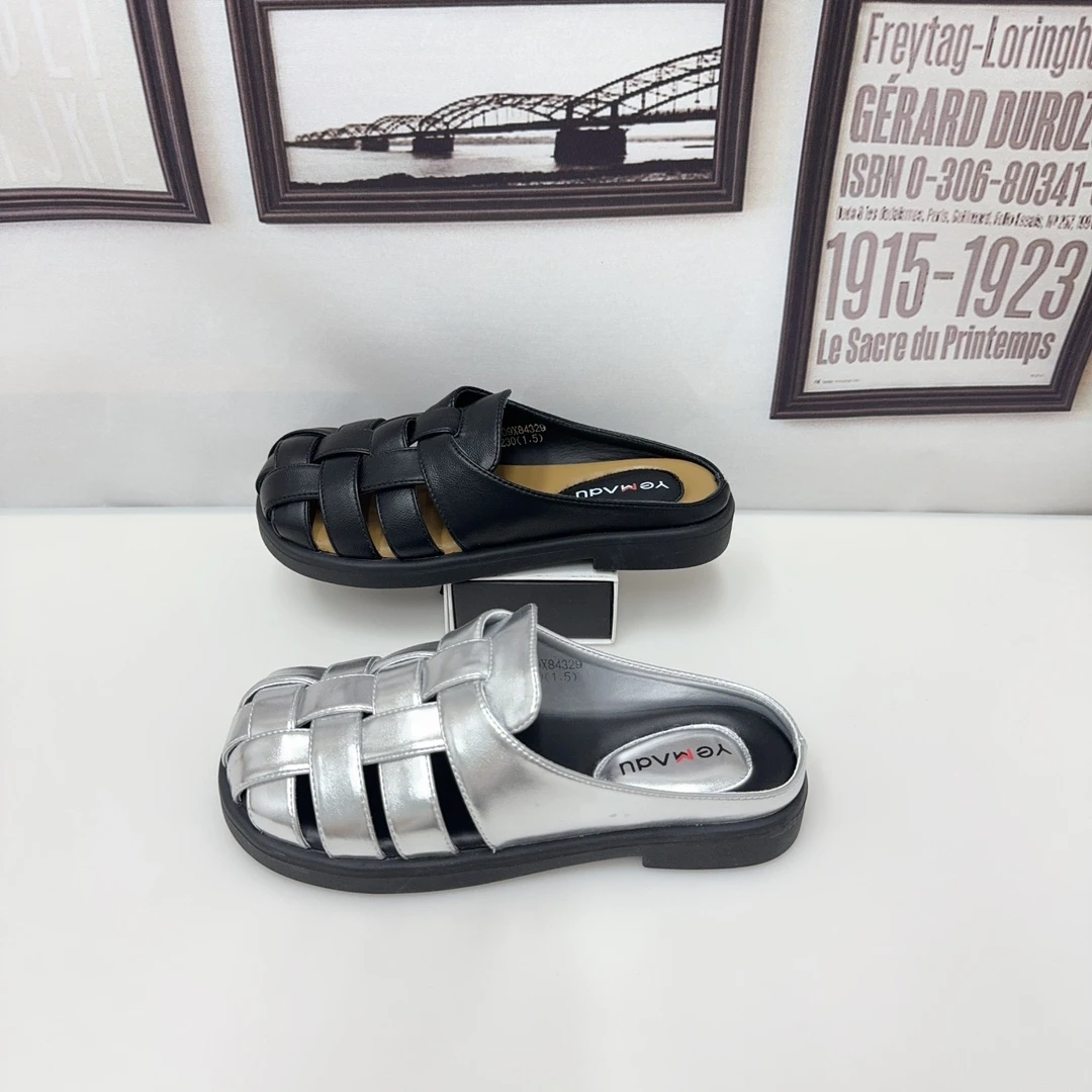 女士外穿黑色半拖网红复古编织防滑透气沙滩凉拖鞋4329平底百搭