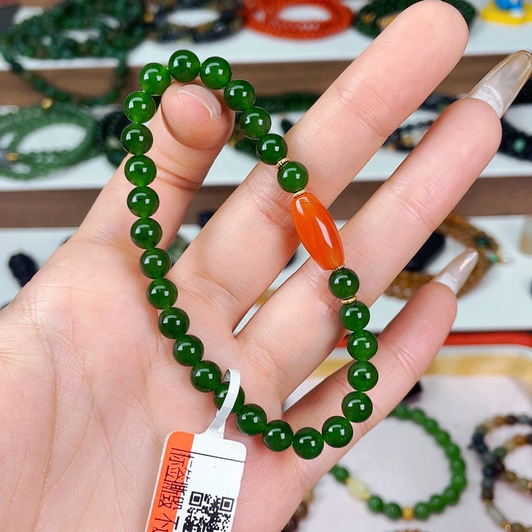 和田玉6mm俄七坑辣阳绿单圈未镶嵌