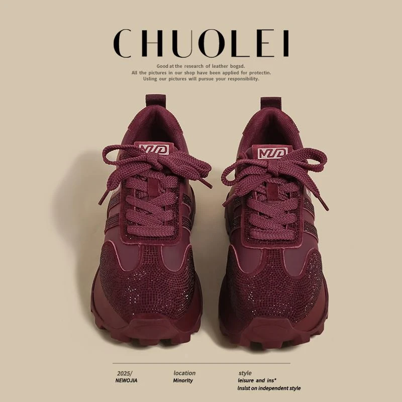 红色阿甘鞋女2025夏季新款水钻小个子码增高厚底华夫运动老爹鞋潮