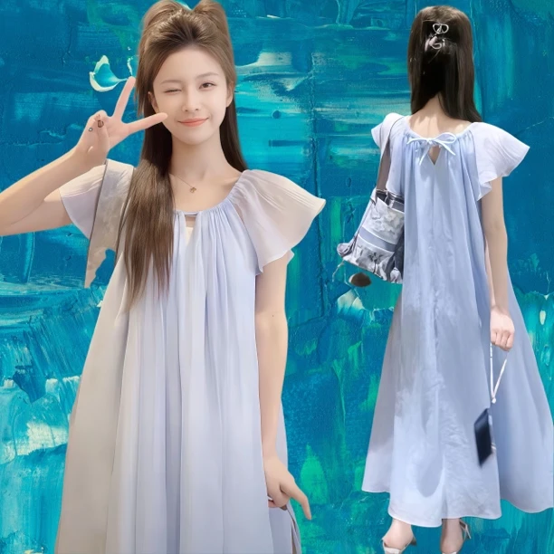 孕妇装夏季连衣裙休闲慵懒风遮肉宽松显瘦夏天仙女甜美小飞袖裙子