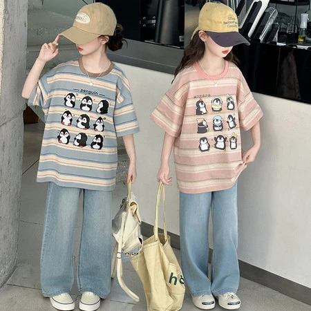 女童短袖牛仔裤套装2025夏季韩版洋气时髦条纹T恤女孩中大童百搭