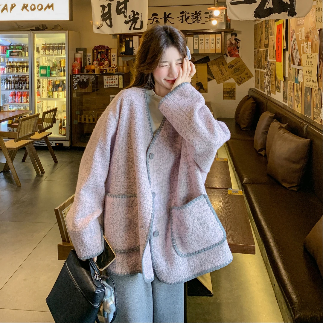 粉紫色阔版宽松显瘦小香风毛呢外套女2025秋季新款小个子休闲上衣