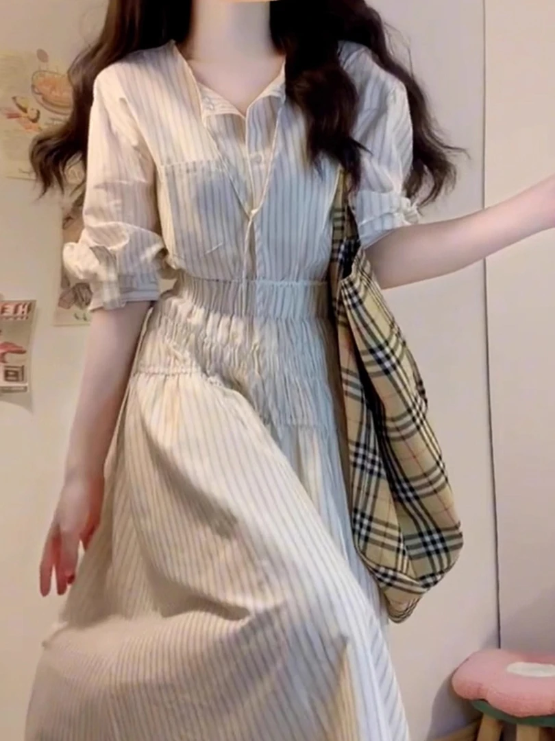 韩系条纹衬衫连衣裙女夏季2025新款今年流行爆款巨好看假两件长裙