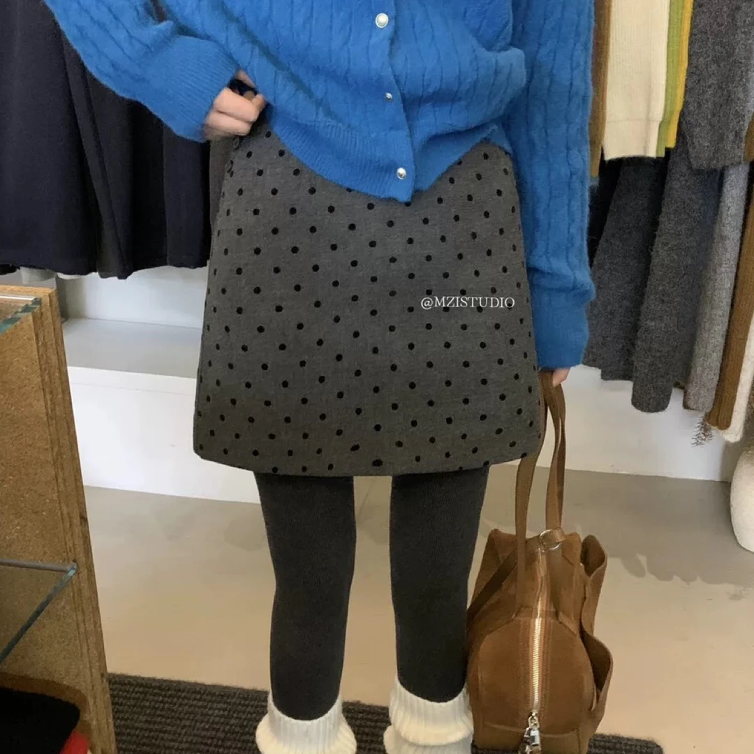 MJJ/9885/波点毛呢百搭显瘦半身裙