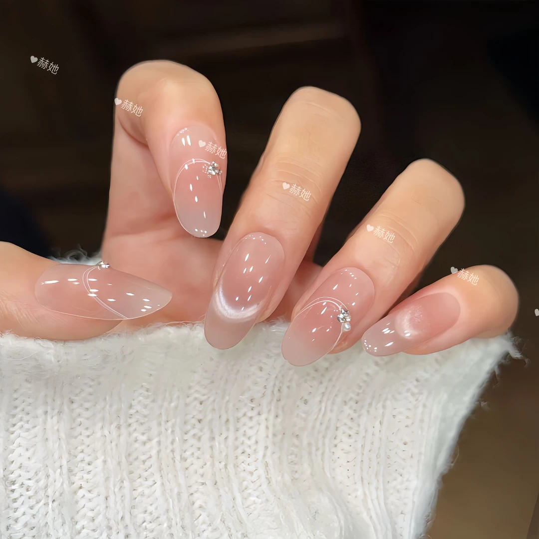 【甜桃野】夏款清透温柔渐变法式锆石仙气氛围感  纯手工显白穿戴甲