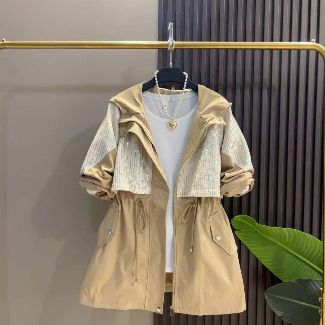 大码秋季新款连帽亮片拼接抽绳收腰系带风衣外套净版打底两件套