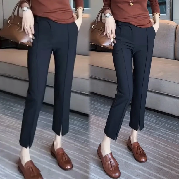 小黑裤女早秋新款休闲百搭遮肉显瘦九分裤直筒裤裤脚前开叉小西裤