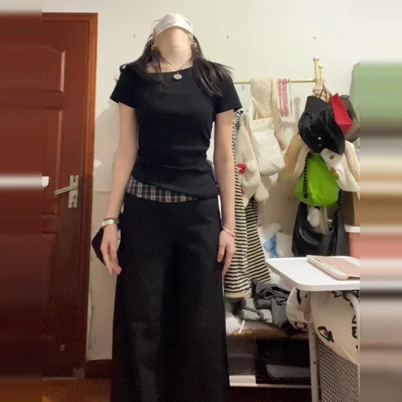 美式黑色格子拼接西装休闲裤子女夏季2025新款设计感小众慵懒长裤