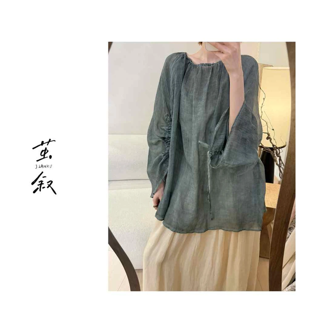 JIAN.XU【青纫夏】苎麻一字肩抽绳长袖夏季衬衫 衣长65胸围140