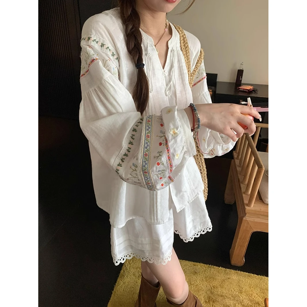 【斯米兰花境】甜美花朵刺绣长袖衬衫高腰花边半裙女春夏季时尚套装