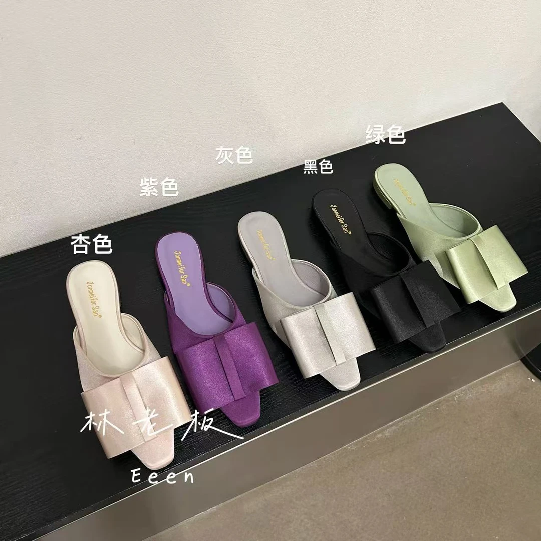 韩版气质缎面高级感包头半拖鞋女蝴蝶结低跟凉拖夏季外穿