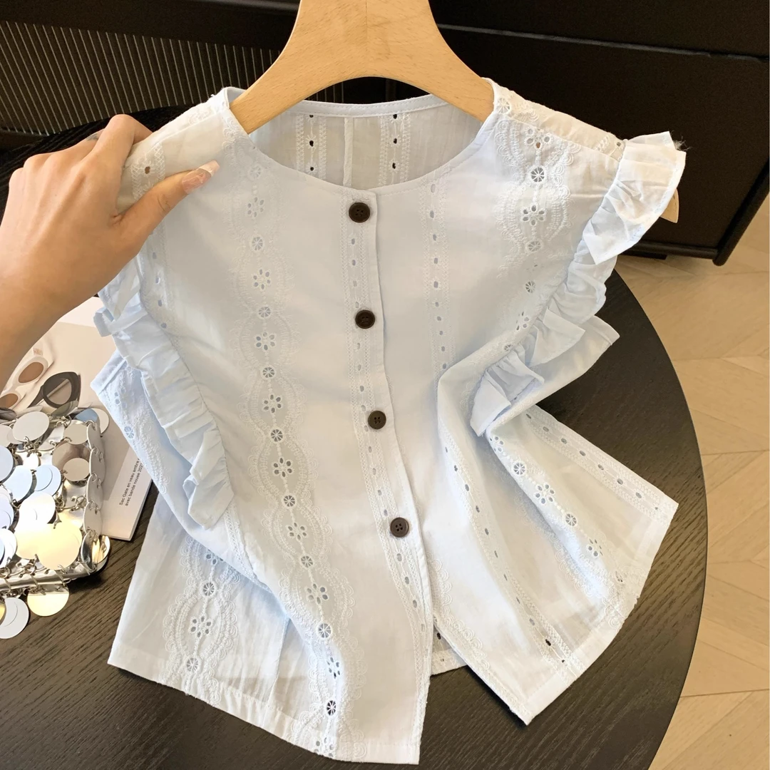 小香风木耳边褶皱拼接无袖衬衫女夏季新款甜美减龄单排扣马甲背心