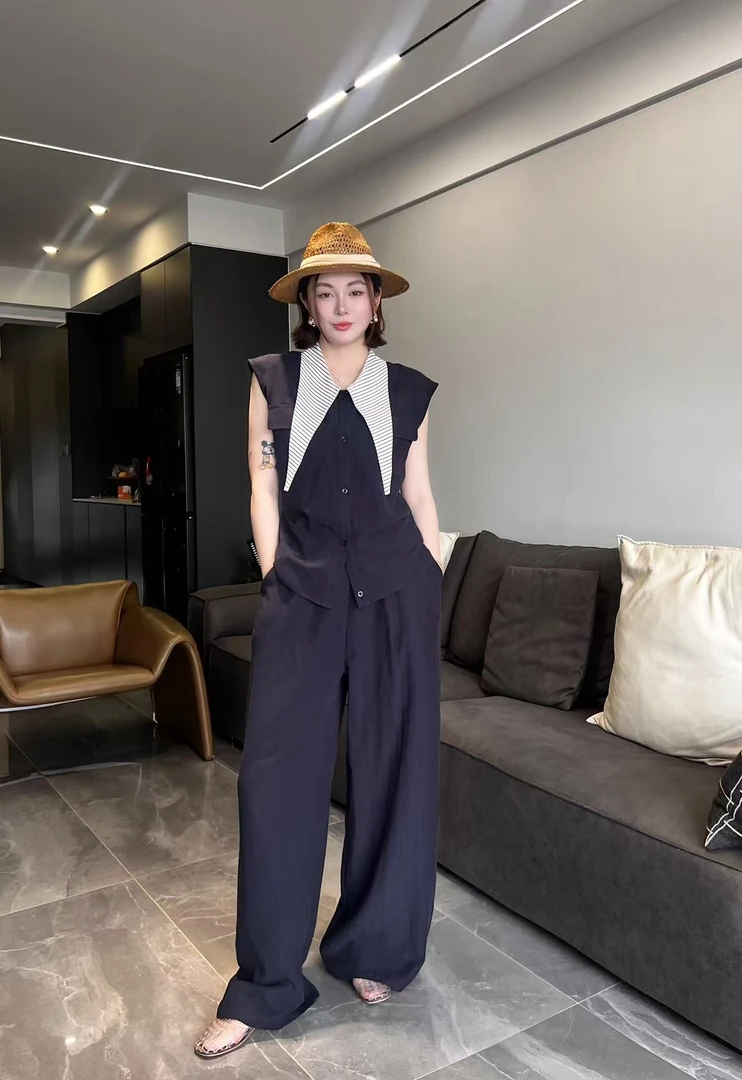 夏季中国风气质衬衫上衣阔腿休闲风时尚套装显瘦