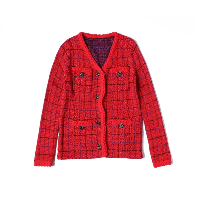 【李李推荐】2024秋冬新款红黑撞色格纹V领四口袋名媛气质外套1400