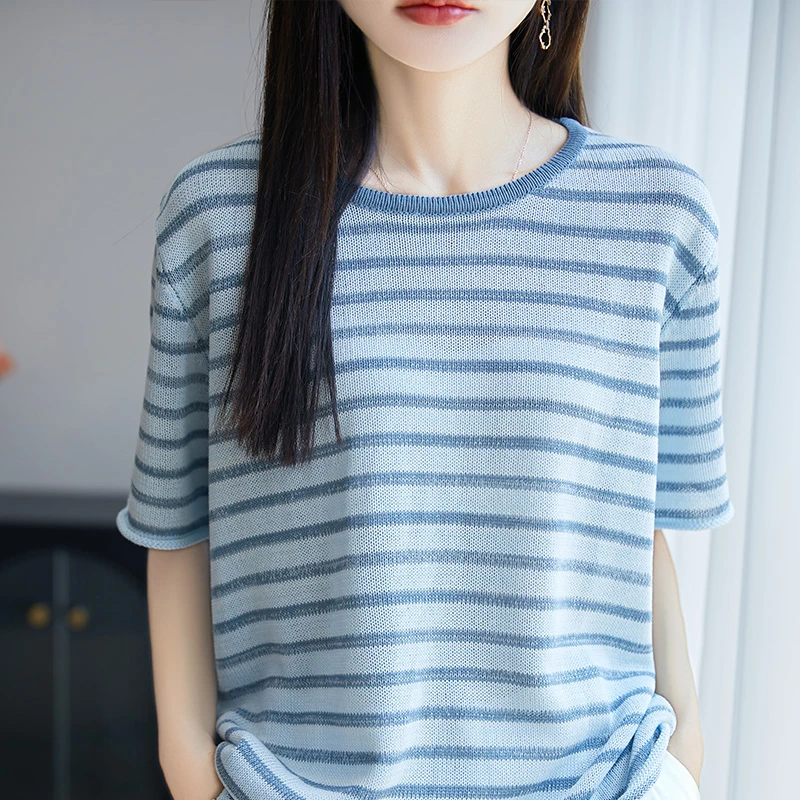 哥弟阿玛施正品莱赛尔夏季新款珍珠麻短袖T恤女条纹针织宽松休闲