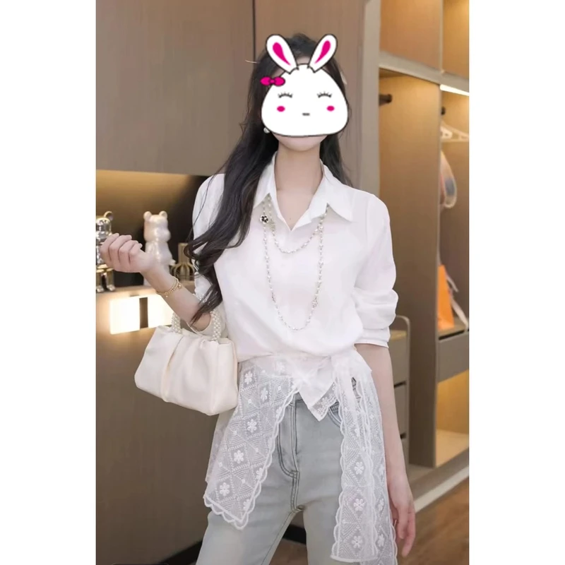 春季新款长袖百搭时尚洋气气质休闲小众减龄设计感蕾丝披肩+衬衫