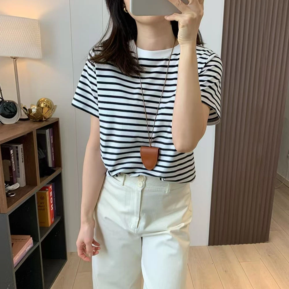 清爽经典条纹基础款圆领舒服百搭休闲通勤短袖上衣春夏新款T恤女