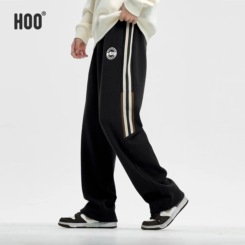 HOO裤子中大男童宽松潮流百搭帅气条纹撞色加绒休闲裤1514/4939