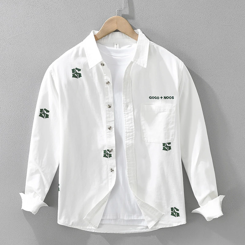 白色刺绣休闲长袖衬衫2025男士春季新款纯棉美式个性印花宽松衬衣