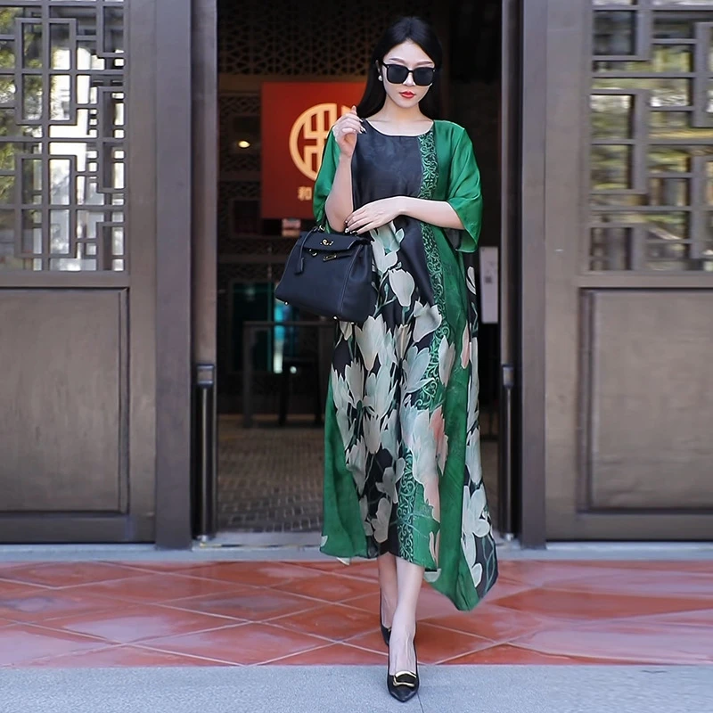 高端上档次女装2025新款时尚国风印花连衣裙宽松遮肚显瘦高级感长