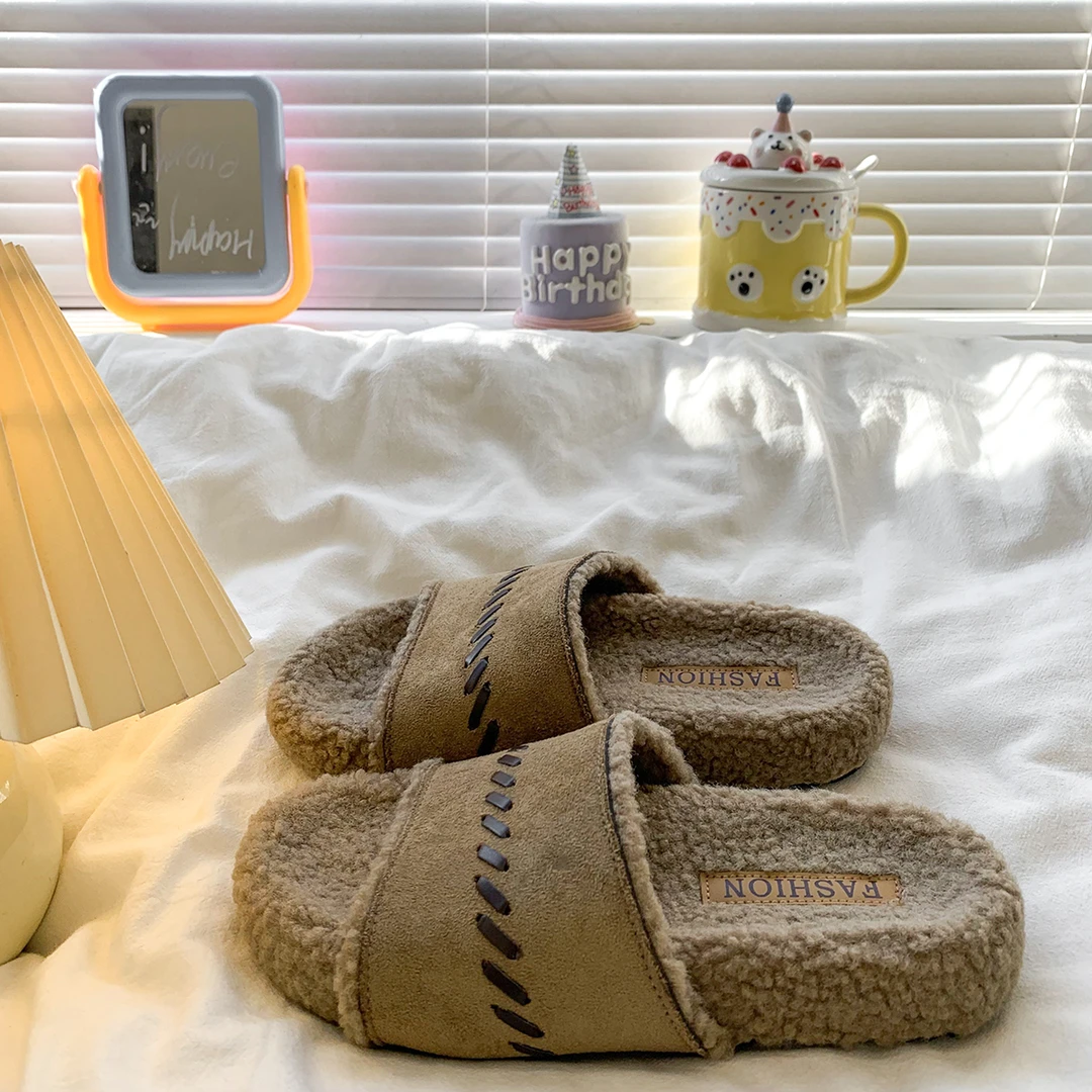 加绒一字毛毛拖鞋女外穿2025秋冬新款复古露趾棉拖鞋厚底勃肯半拖