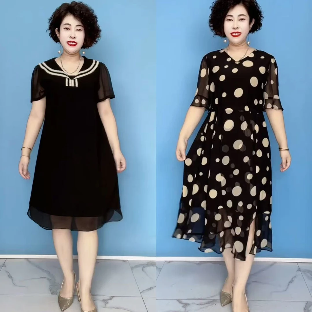 时尚中老年波点遮肚子连衣裙气质大码妈妈装显瘦洋气夏季中年宽松