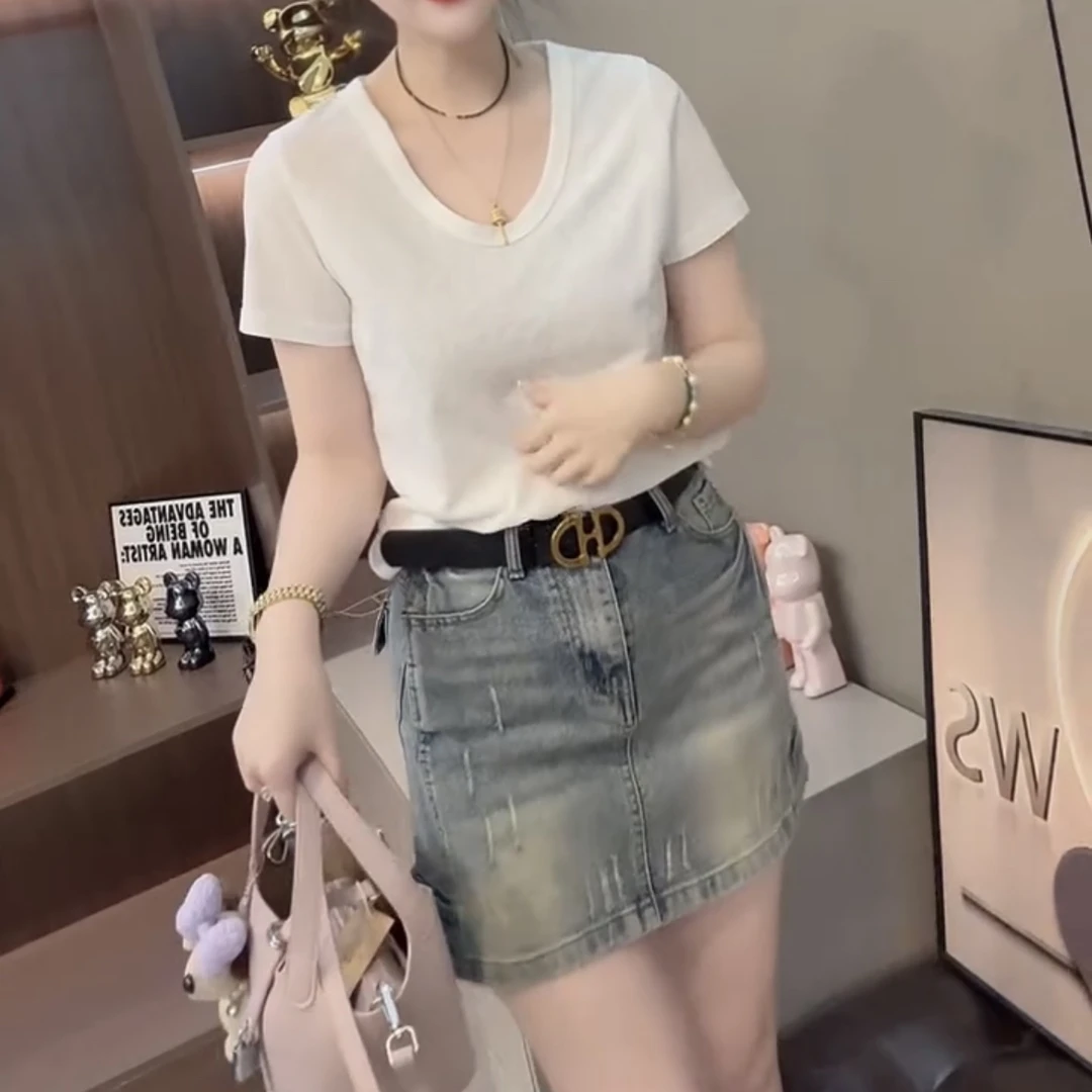 韩版洋气圆领常规款不规则短袖通勤修身型显瘦短款t恤