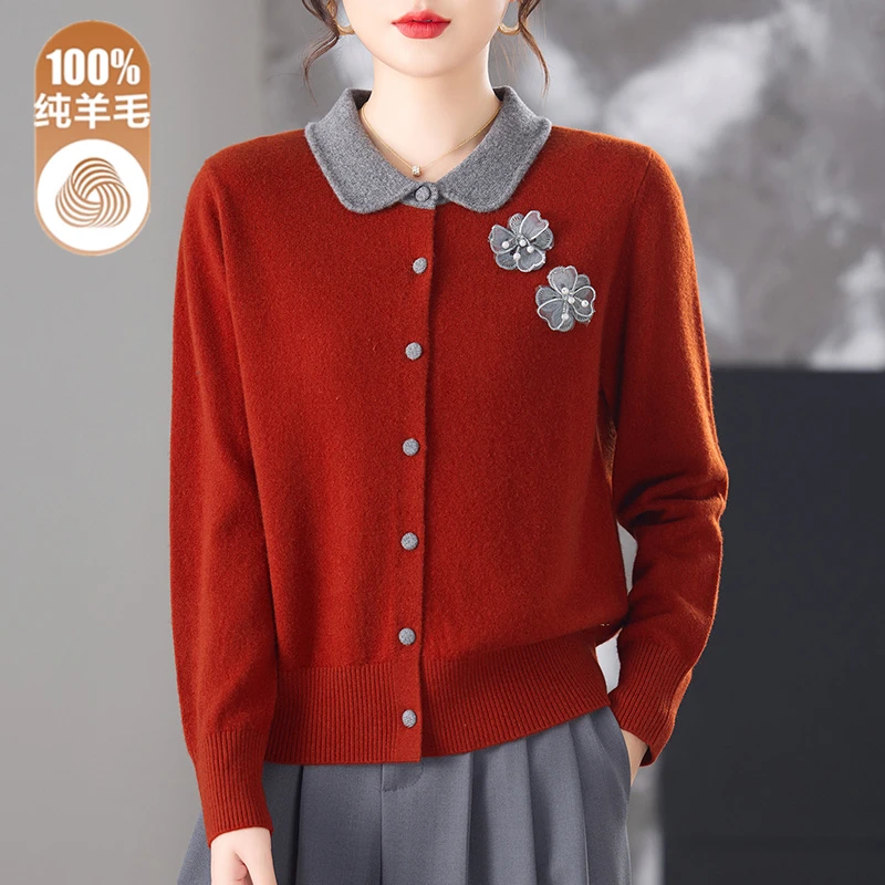 高端100%纯羊毛开衫女妈妈秋冬新款娃娃领撞色毛衣外套洋气针织衫