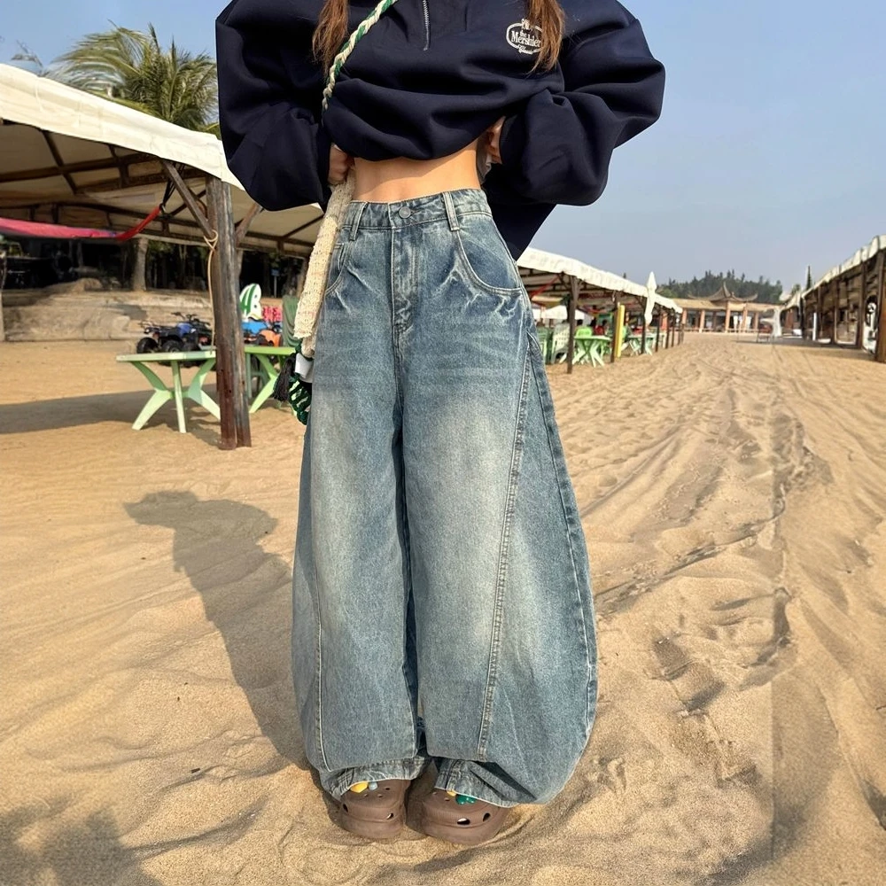 美式潮酷水洗设计感弯刀阔腿牛仔裤女春夏宽松显瘦垂感高腰直筒裤